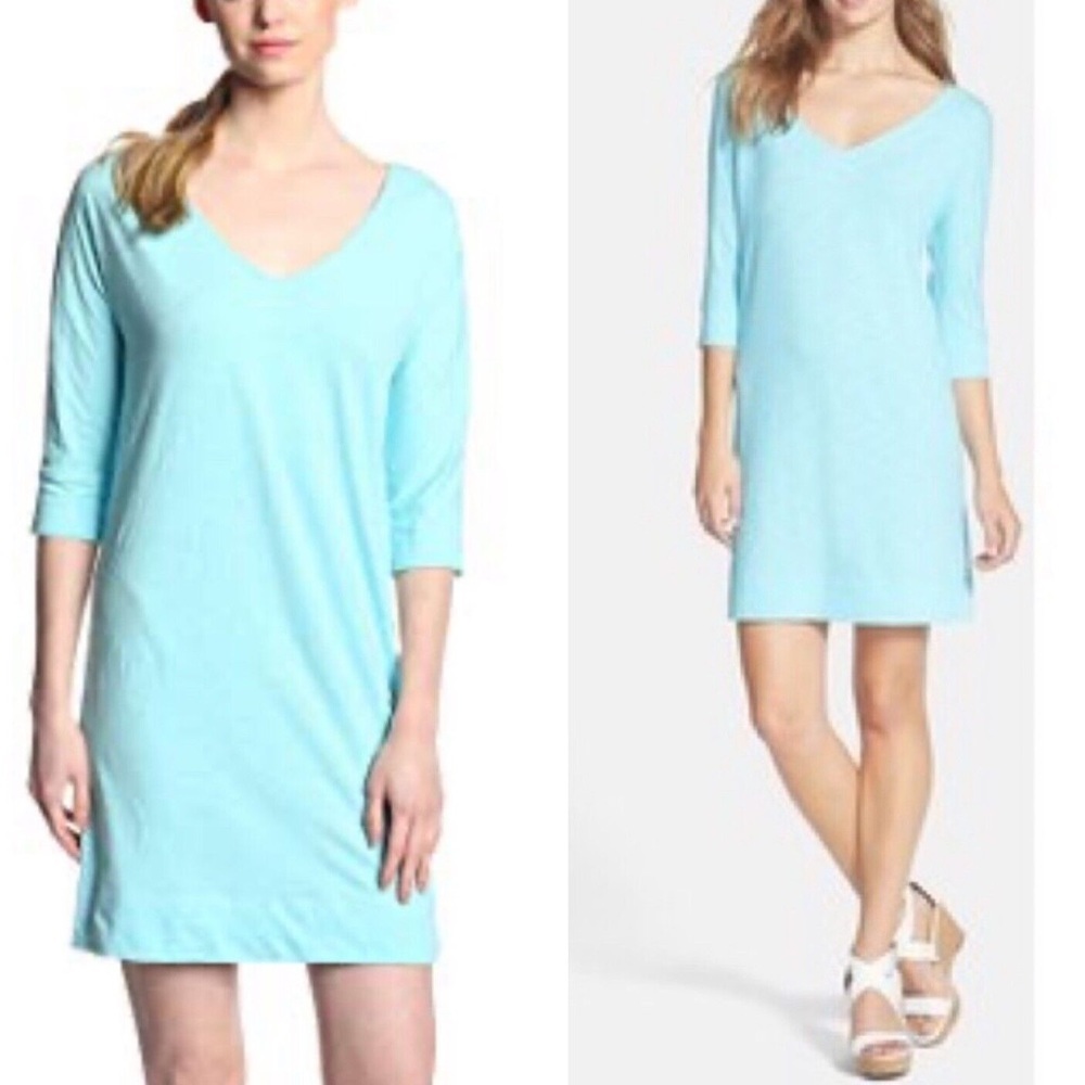 Lilly Pulitzer Women's XS Spa Blue Pima Cotton Eliza V-Neck T Shirt Dress - Picture 2 of 2
